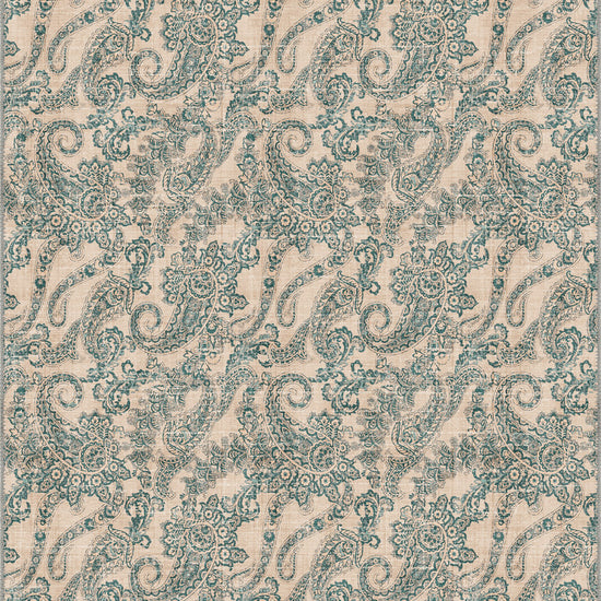 Cream teal paisley rug for living room.