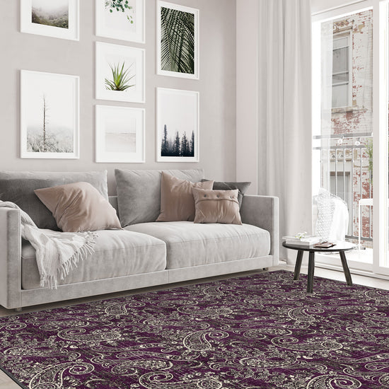 Paisley patterned rug in purple.