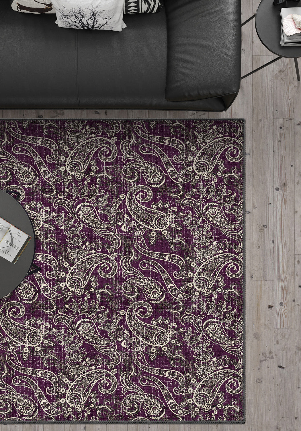 Purple paisley rug with brown details.
