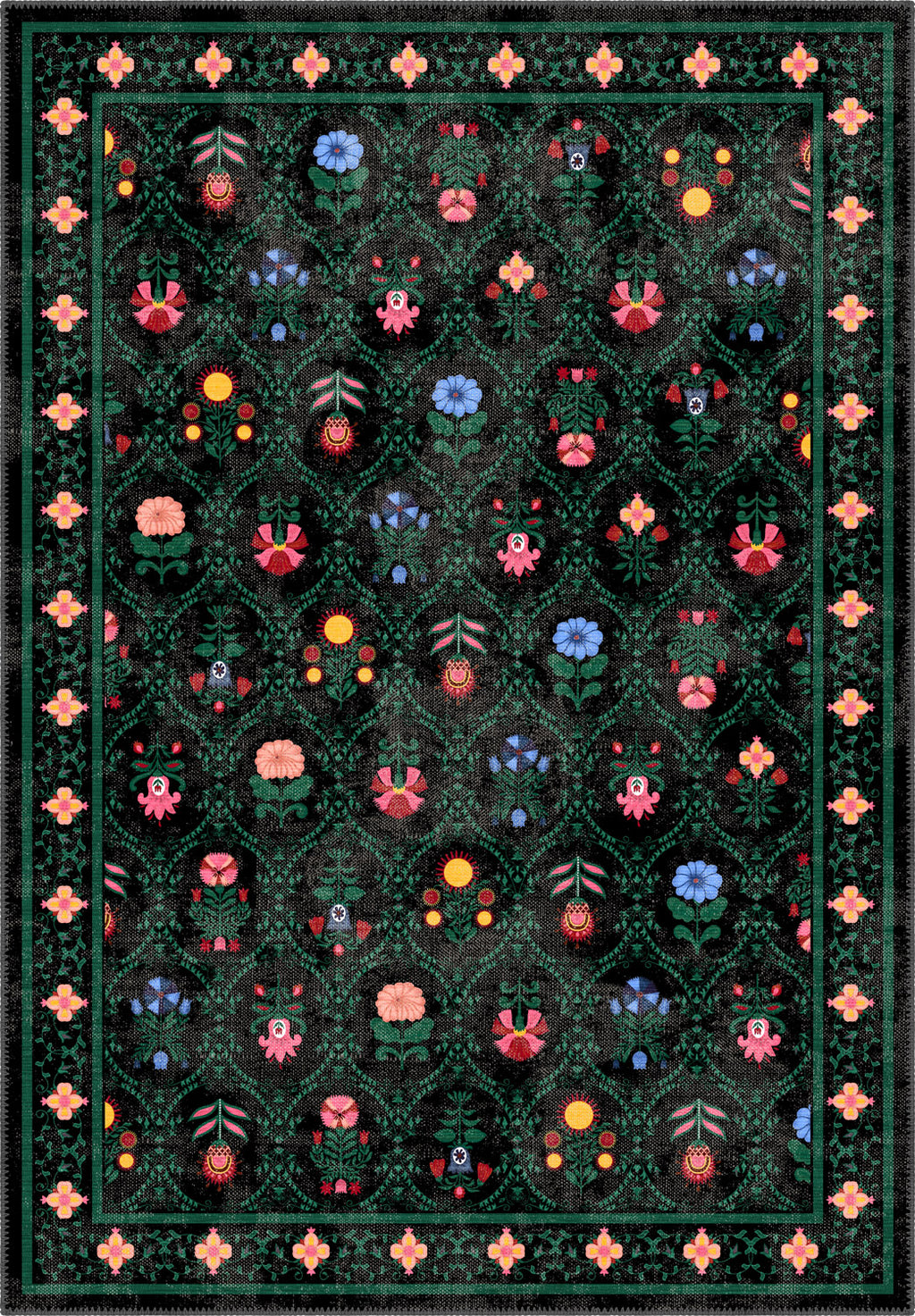 Kilim rug with floral patterns on a dark green and black background