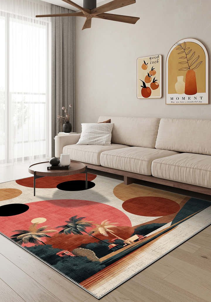 Geometric tropical rug for living room.