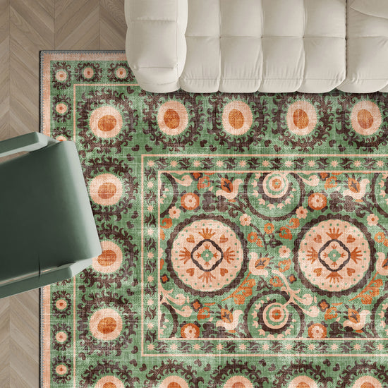 Green ethnic rug for living room.