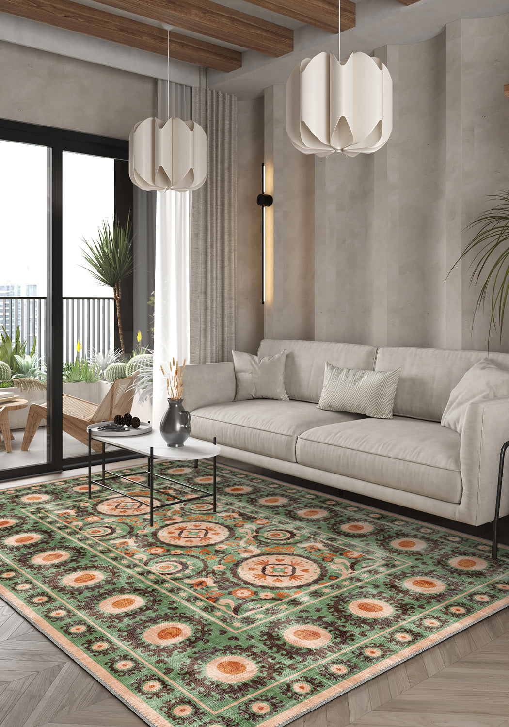 Green bohemian rug with Suzani motifs.