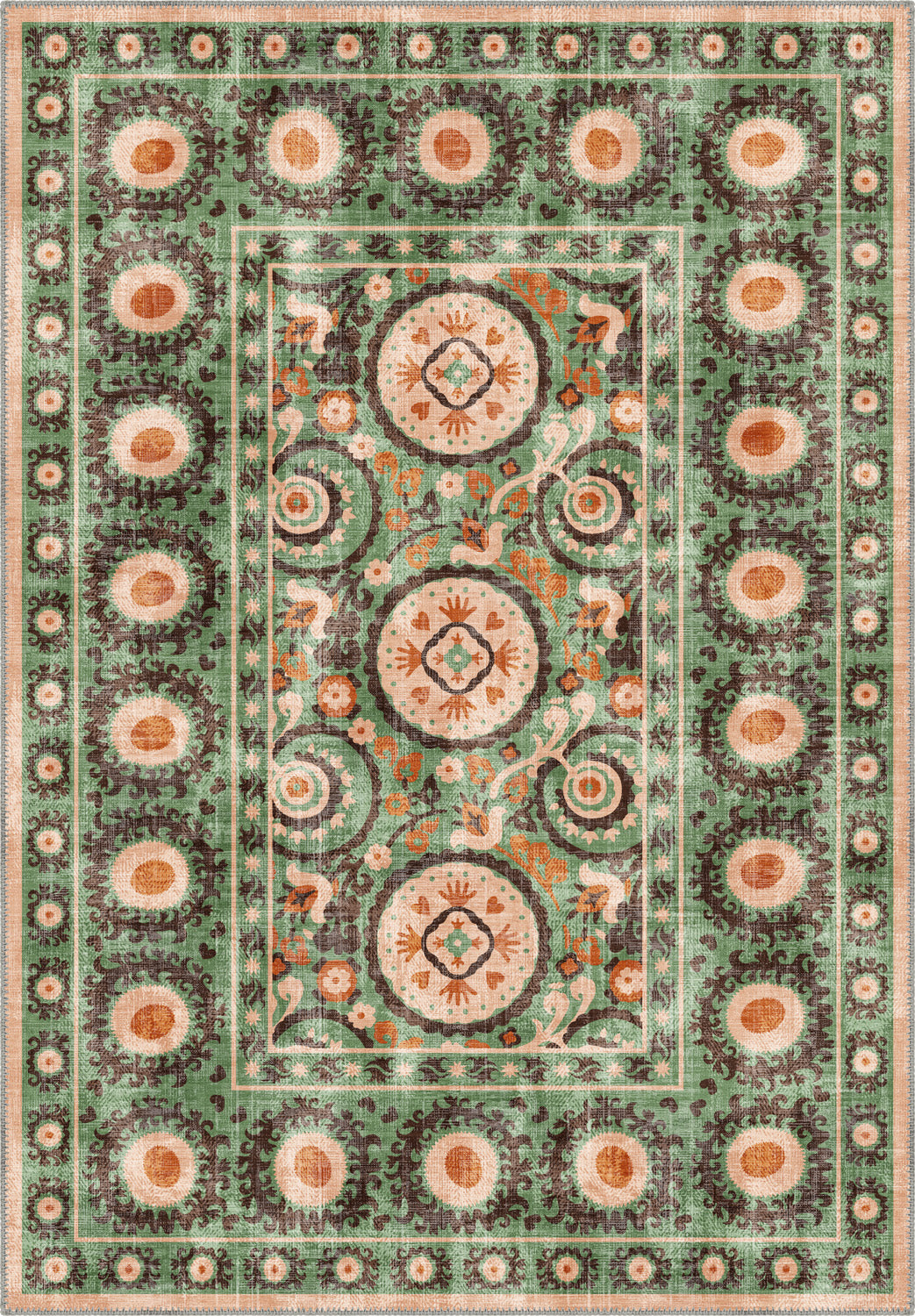 Green suzani rug with ethnic motifs.