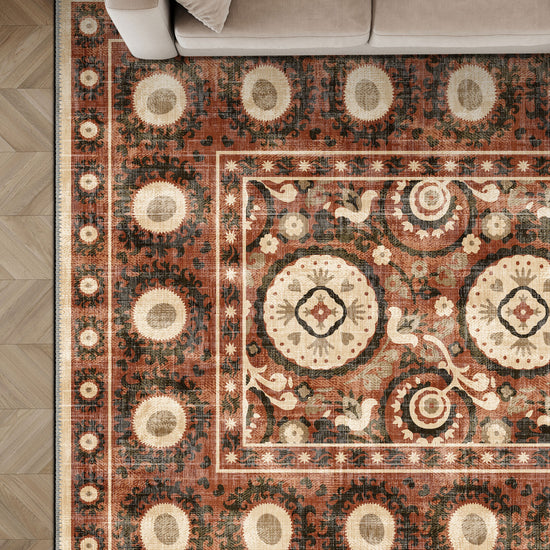 Brown ethnic rug for living room.