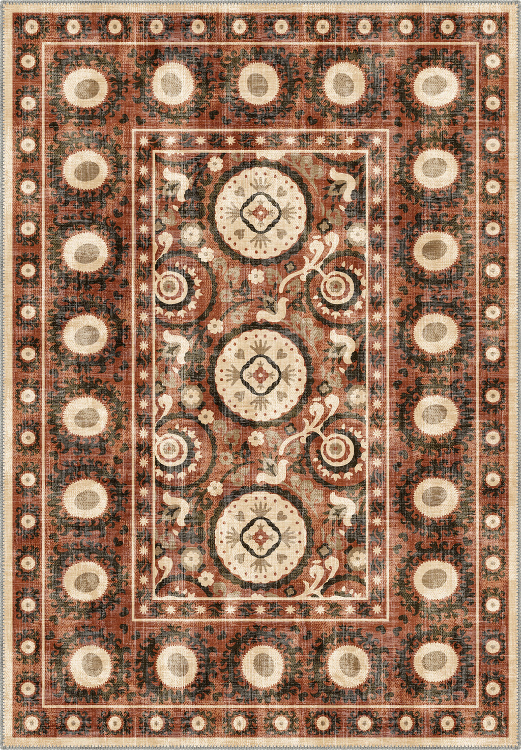 Bohemian terracotta rug with suzani motifs.