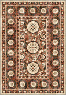 Bohemian terracotta rug with suzani motifs.