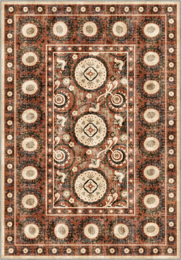 Bohemian terracotta rug with suzani motifs.