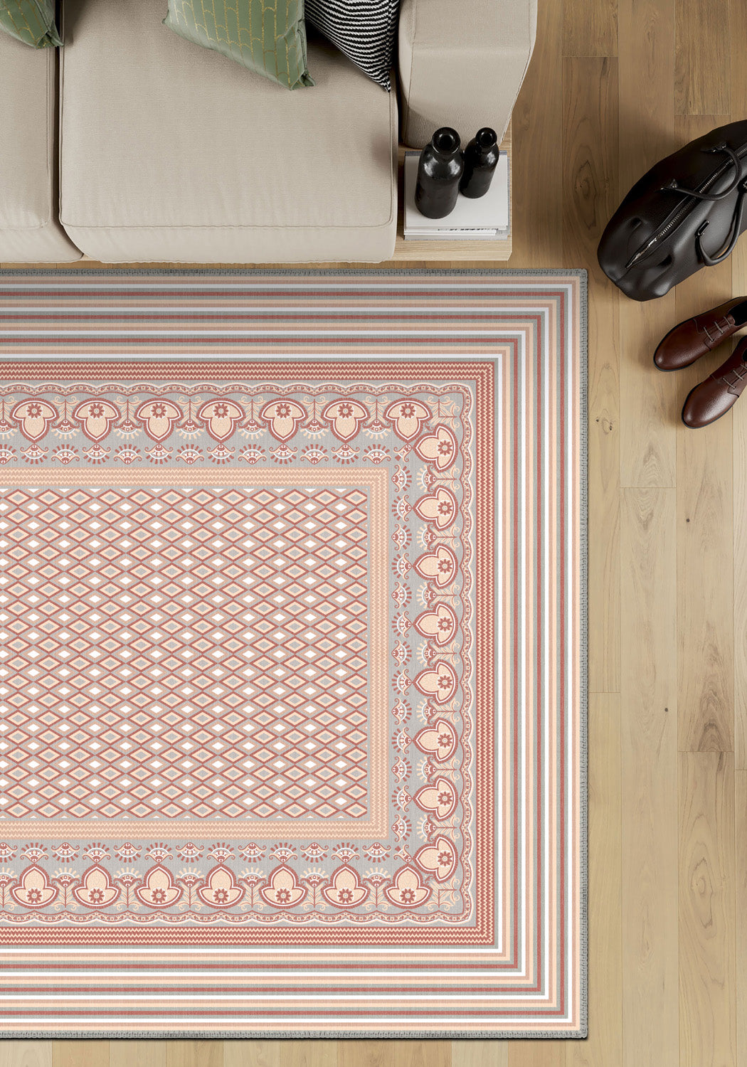 Geometric pink rug for living room.