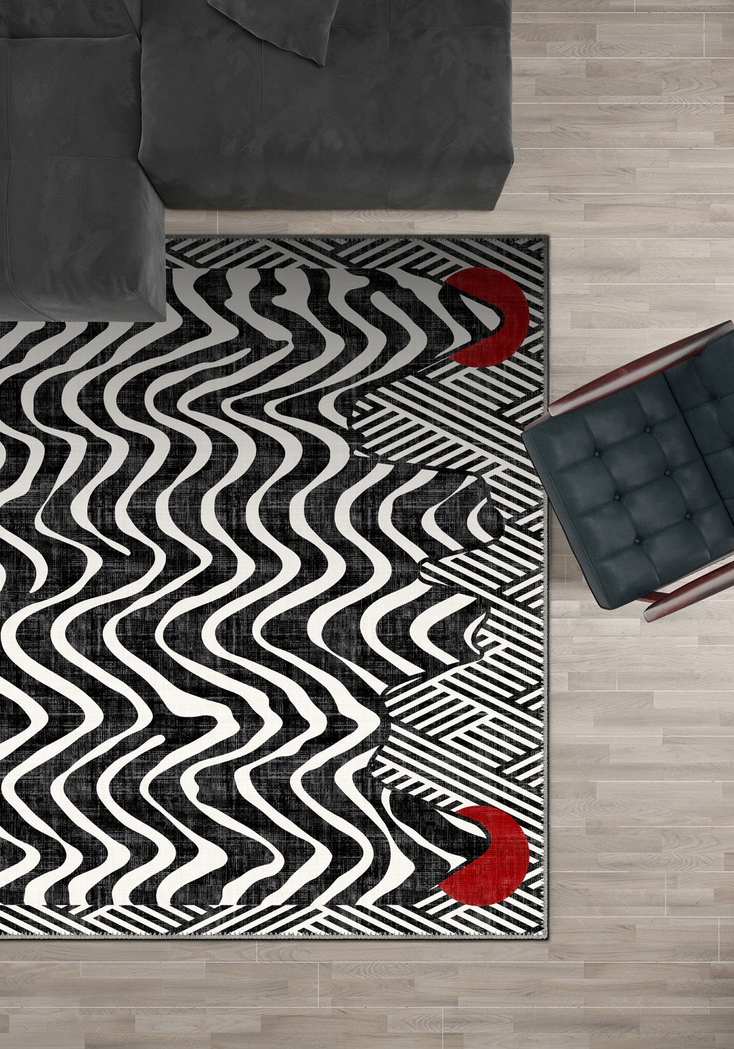 Black and white striped rug with red dots.