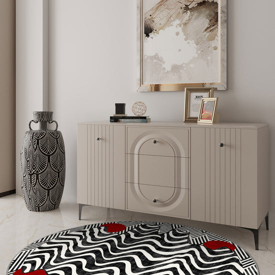 Black and white round rug for modern interiors.