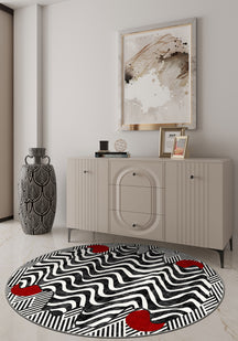 Black and white round rug for modern interiors.
