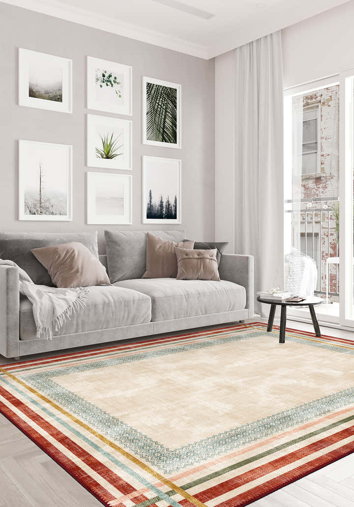 Colorful striped rug for living room.
