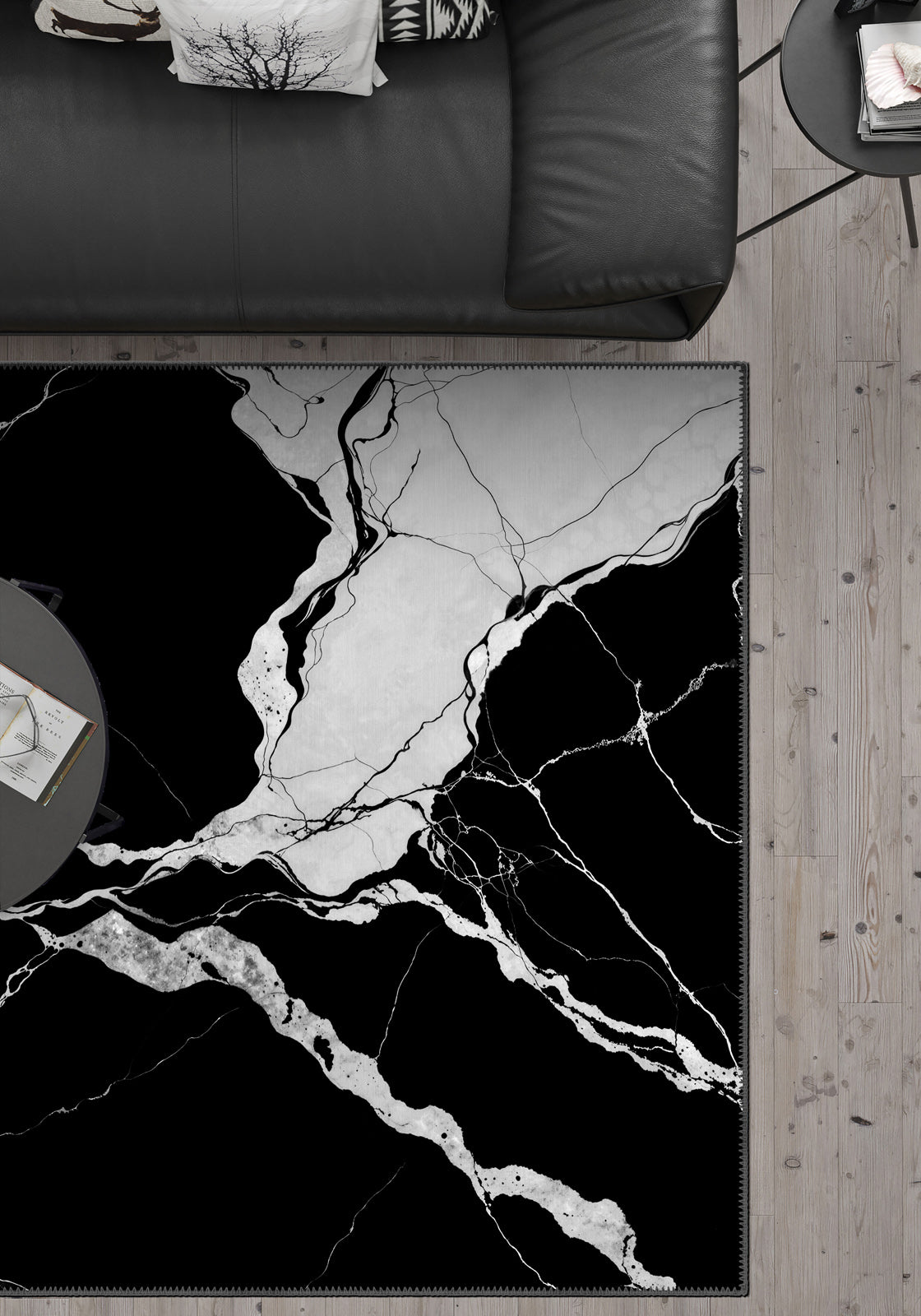 Black and white marble rug for living room.