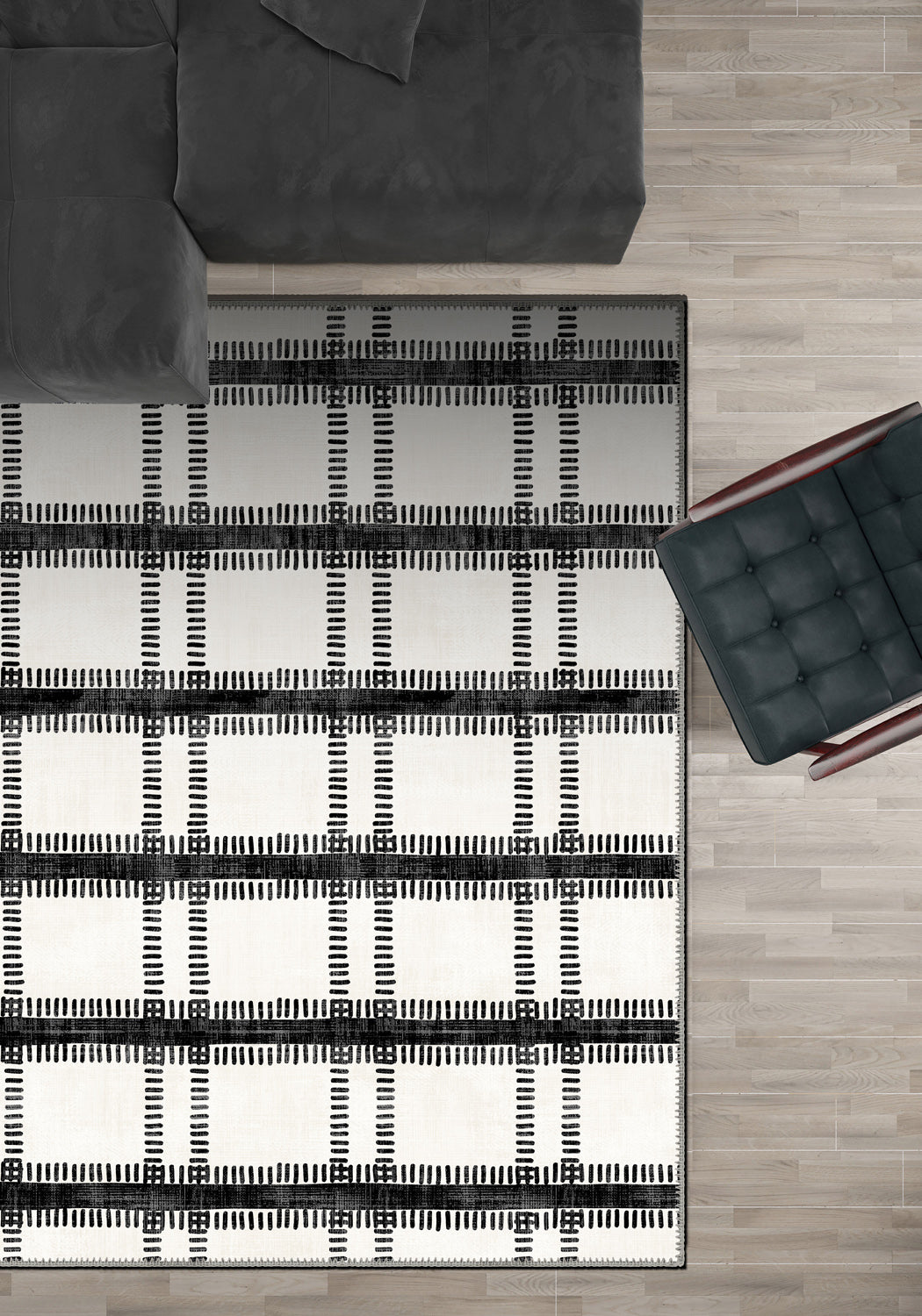 Black and white striped rug for living room.