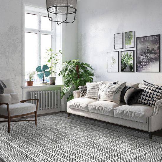 Black and white patterned rug for living room.