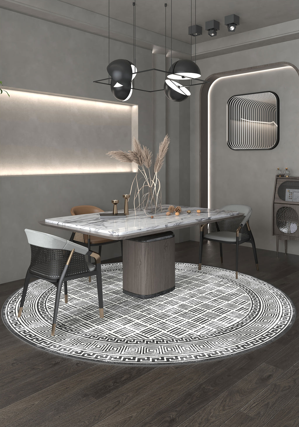 Black and white round rug for dining room.