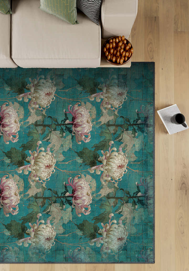 Chryselle Teal Chrysanthemum Rug